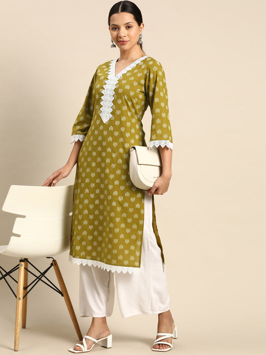 Beautiful Straight Green Kurti With White Detailing