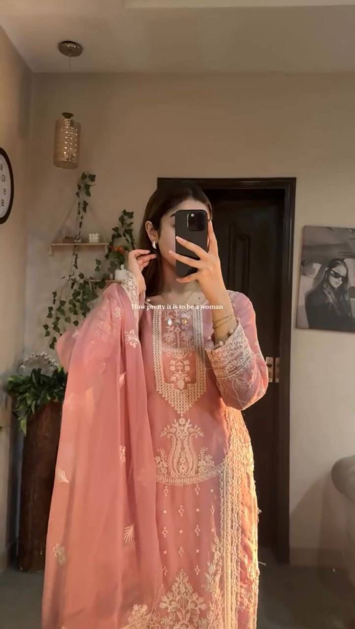 Peach Georgette With Embroidery Work Suit