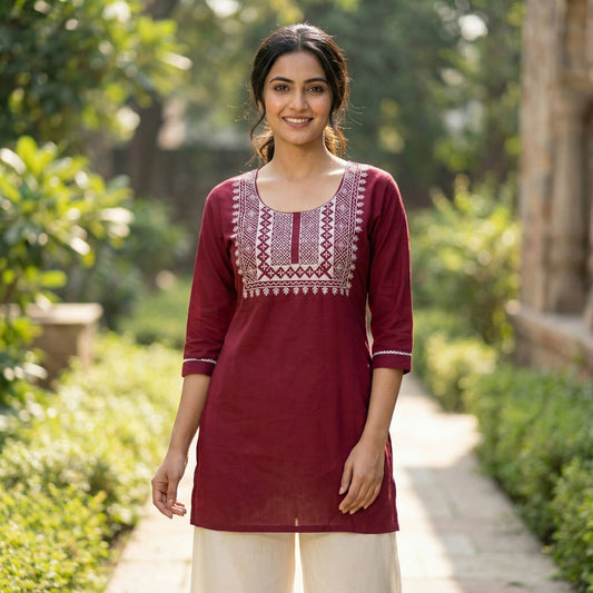 Maroon Rayon Embroidered Straight Kurta for Women