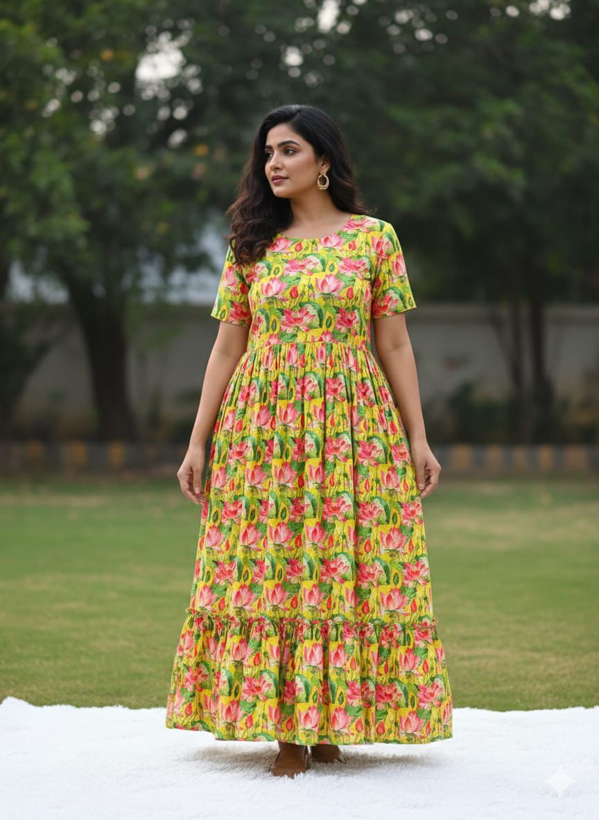 Yellow Floral Printed Muslin Cotton One Piece Dress