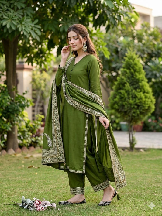 Green Pakistani heavy Roman silk suit set with embroidery sequences and fancy latkan dupatta