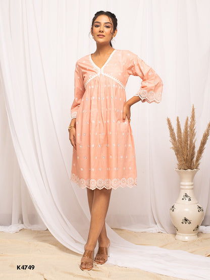 Peach cotton embroidered beach wear one piece dress for women