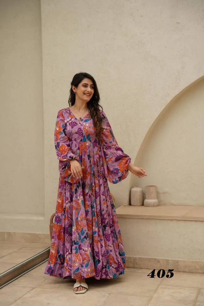 Lavender Multicolor Floral Print Gown