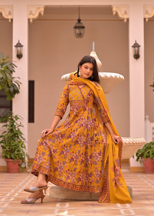 Mustard Bloom Floral Printed Anarkali Kurti Set With Dupatta