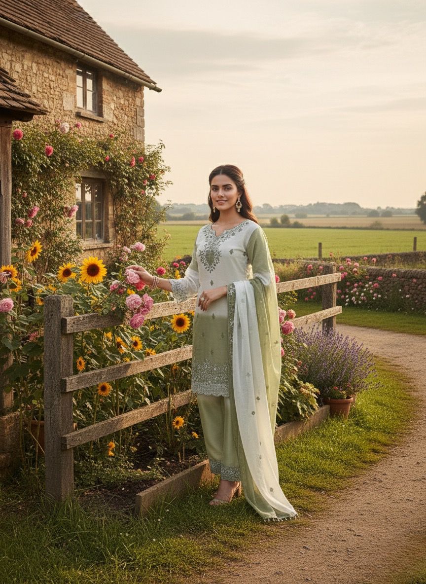 Green Gmy Silk With Embroidery Work Suit Set