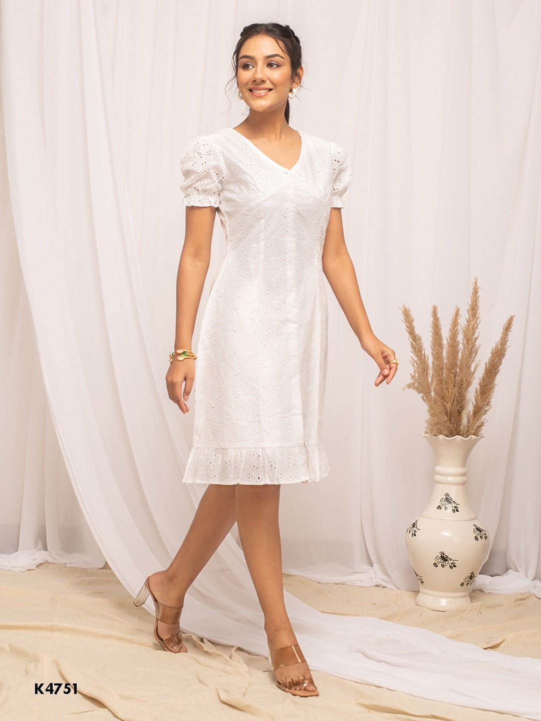 Elegant white cotton embroidered puff sleeve dress in multiple sizes