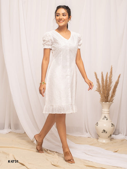 Elegant white cotton embroidered puff sleeve dress in multiple sizes