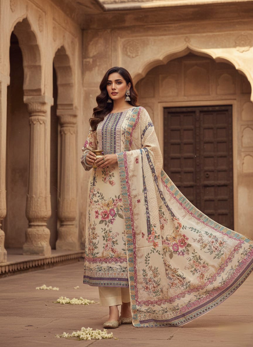 Beautiful off white lilac silk kurti pant set with dupatta and pearl bracelet for women