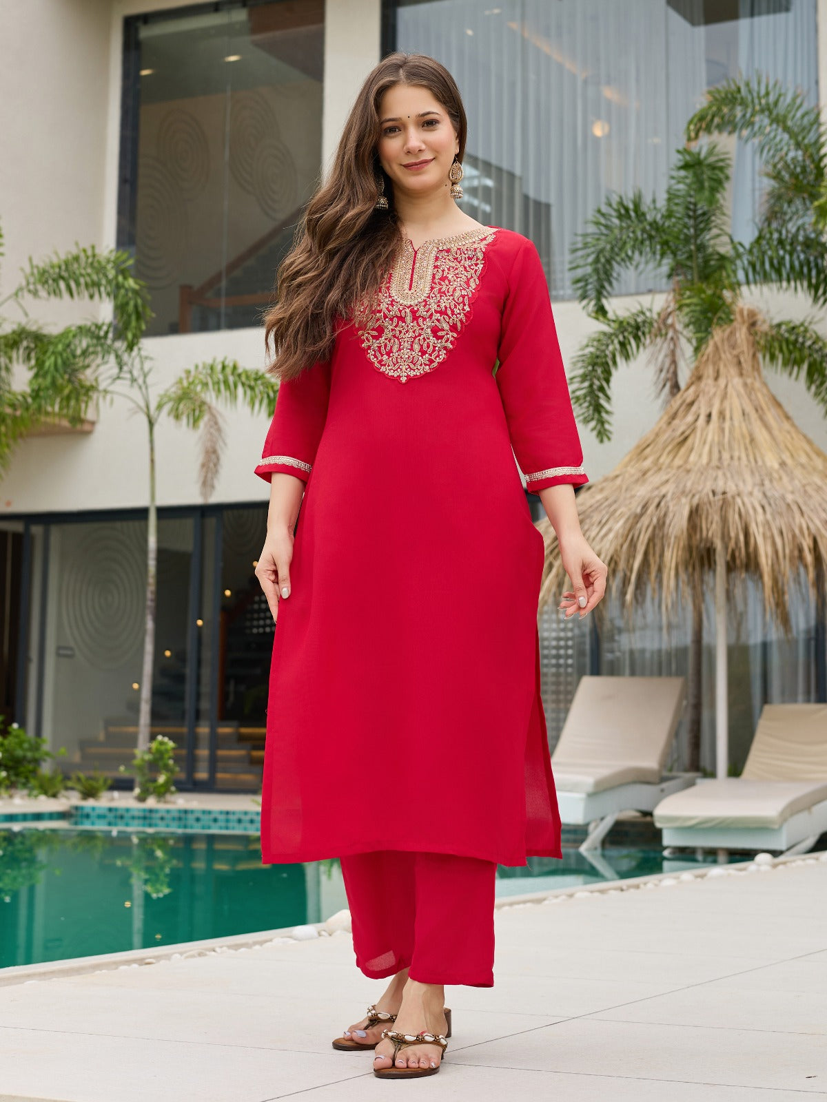 Red Rayon Slub Embroidered Kurti