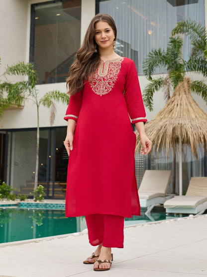 Red Rayon Slub Embroidered Kurti