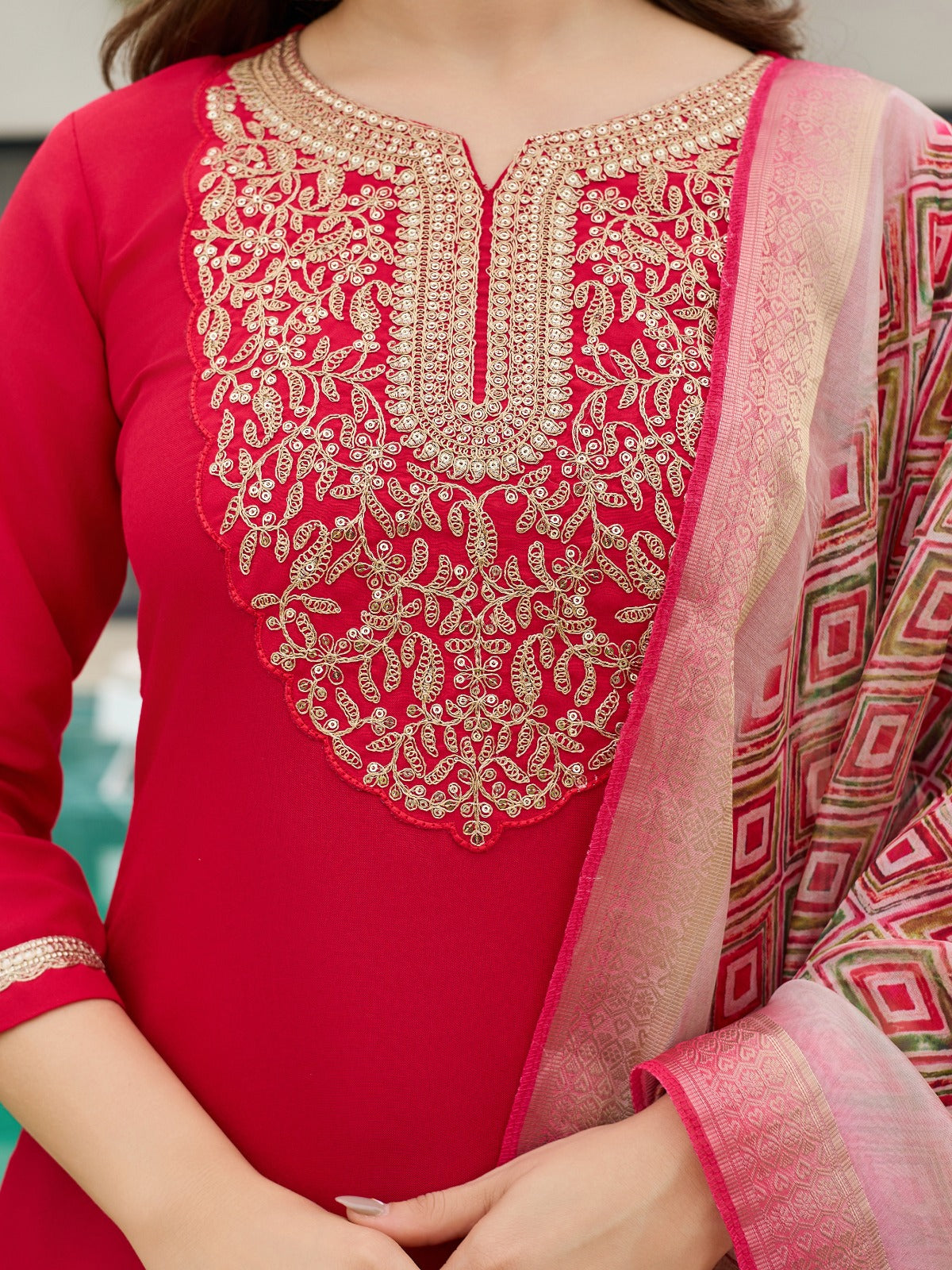 Red Rayon Slub Embroidered Kurti