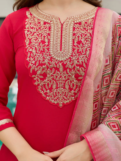 Red Rayon Slub Embroidered Kurti