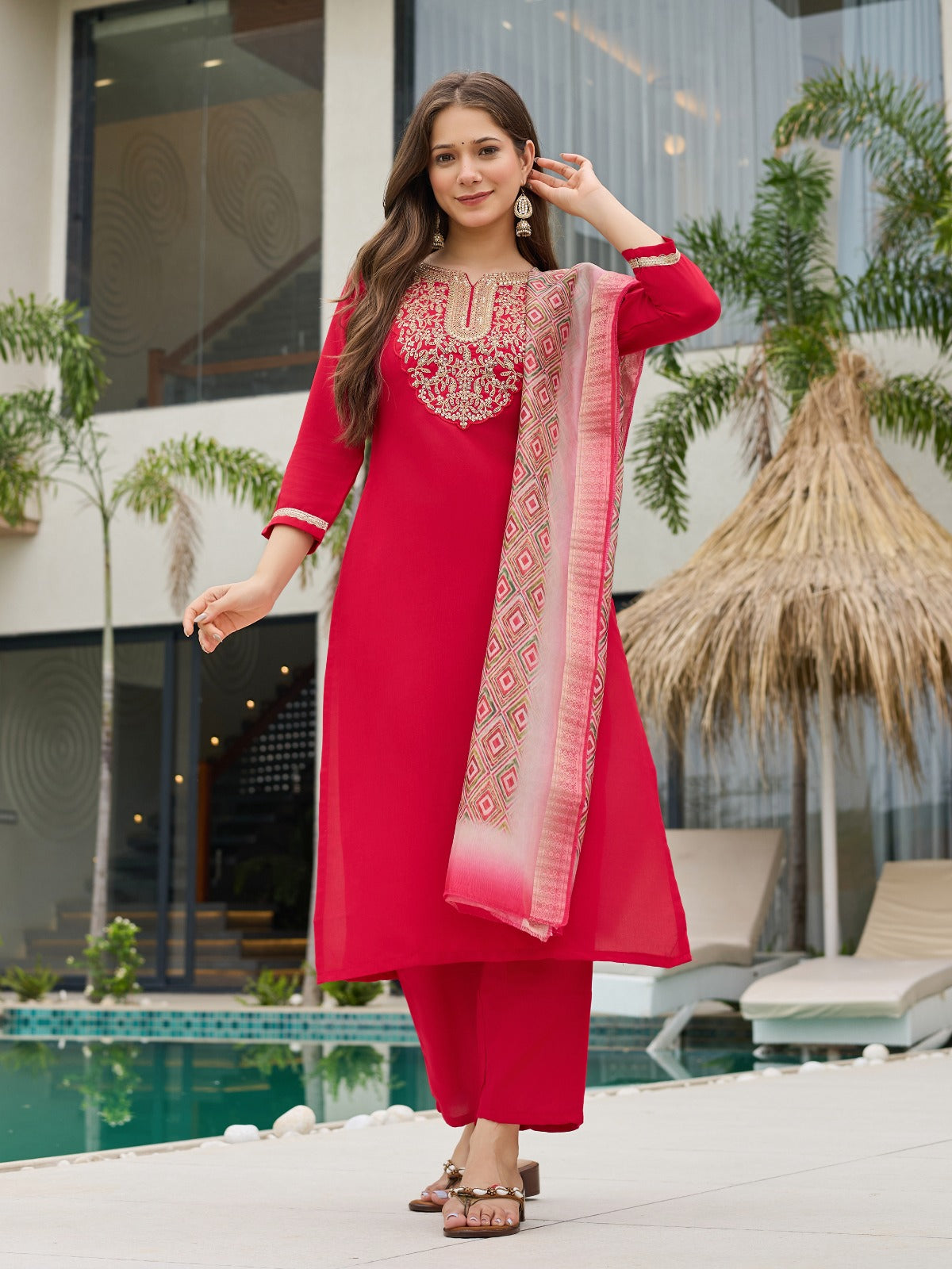 Red Rayon Slub Embroidered Kurti