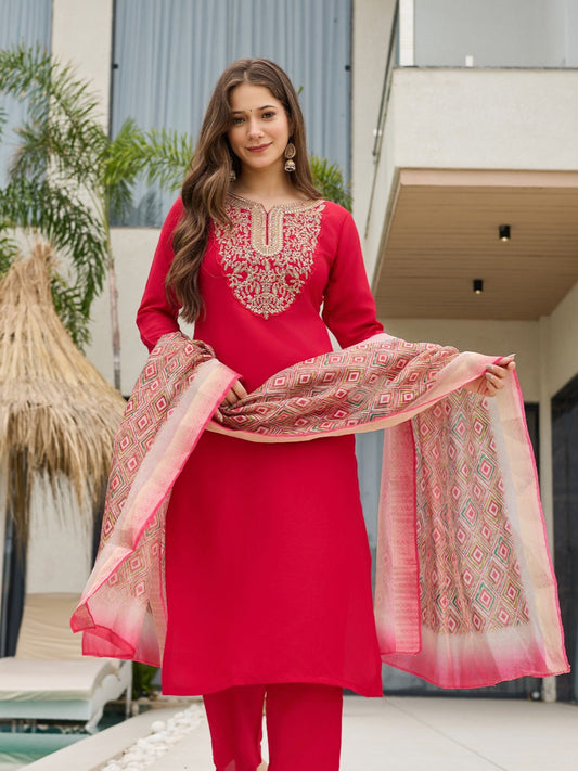 Red Rayon Slub Embroidered Kurti