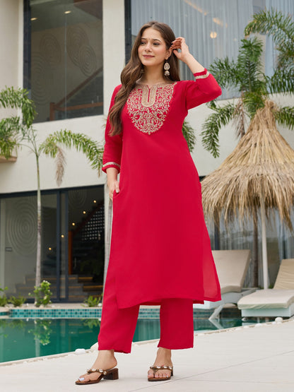 Red Rayon Slub Embroidered Kurti