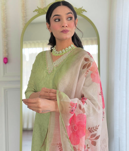 Light Green Embroidered Straight Kurti
