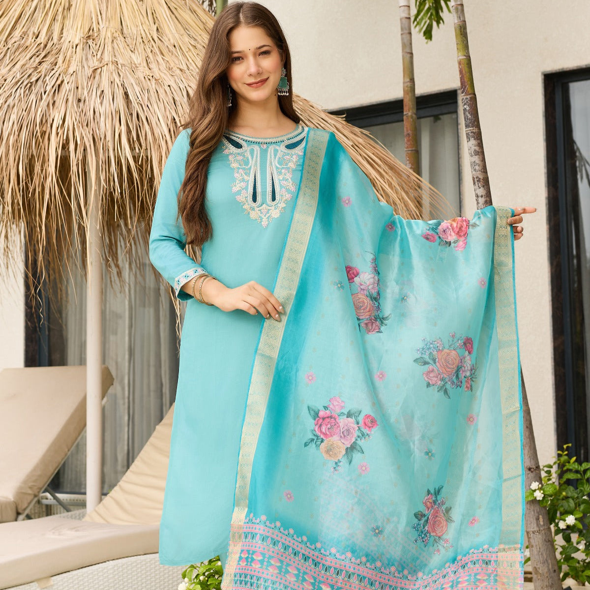 Sky Blue Viscose Embroidered Kurta