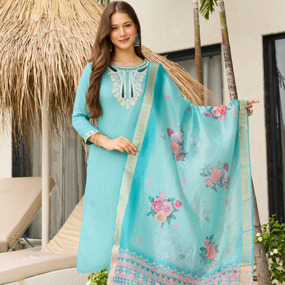 Sky Blue Viscose Embroidered Kurta