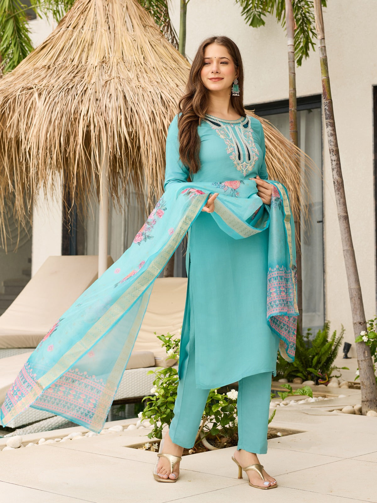 Sky Blue Viscose Embroidered Kurta