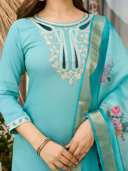Sky Blue Viscose Embroidered Kurta