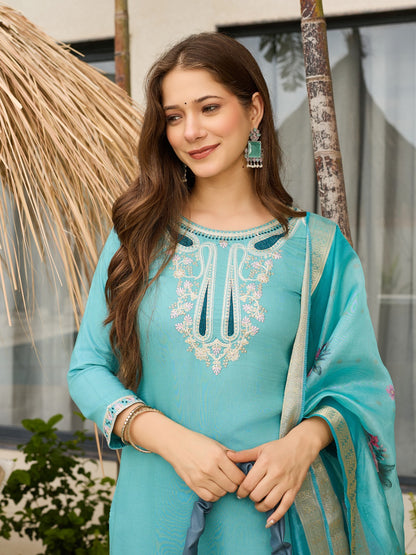Sky Blue Viscose Embroidered Kurta