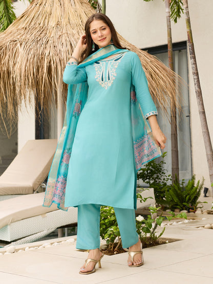 Sky Blue Viscose Embroidered Kurta