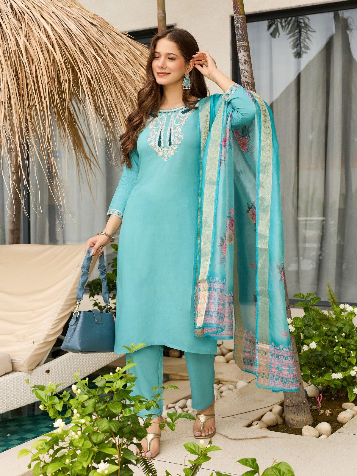 Sky Blue Viscose Embroidered Kurta