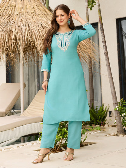 Sky Blue Viscose Embroidered Kurta