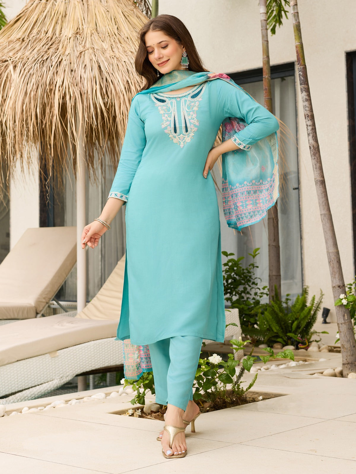 Sky Blue Viscose Embroidered Kurta