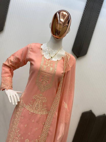 Peach Georgette With Embroidery Work Suit