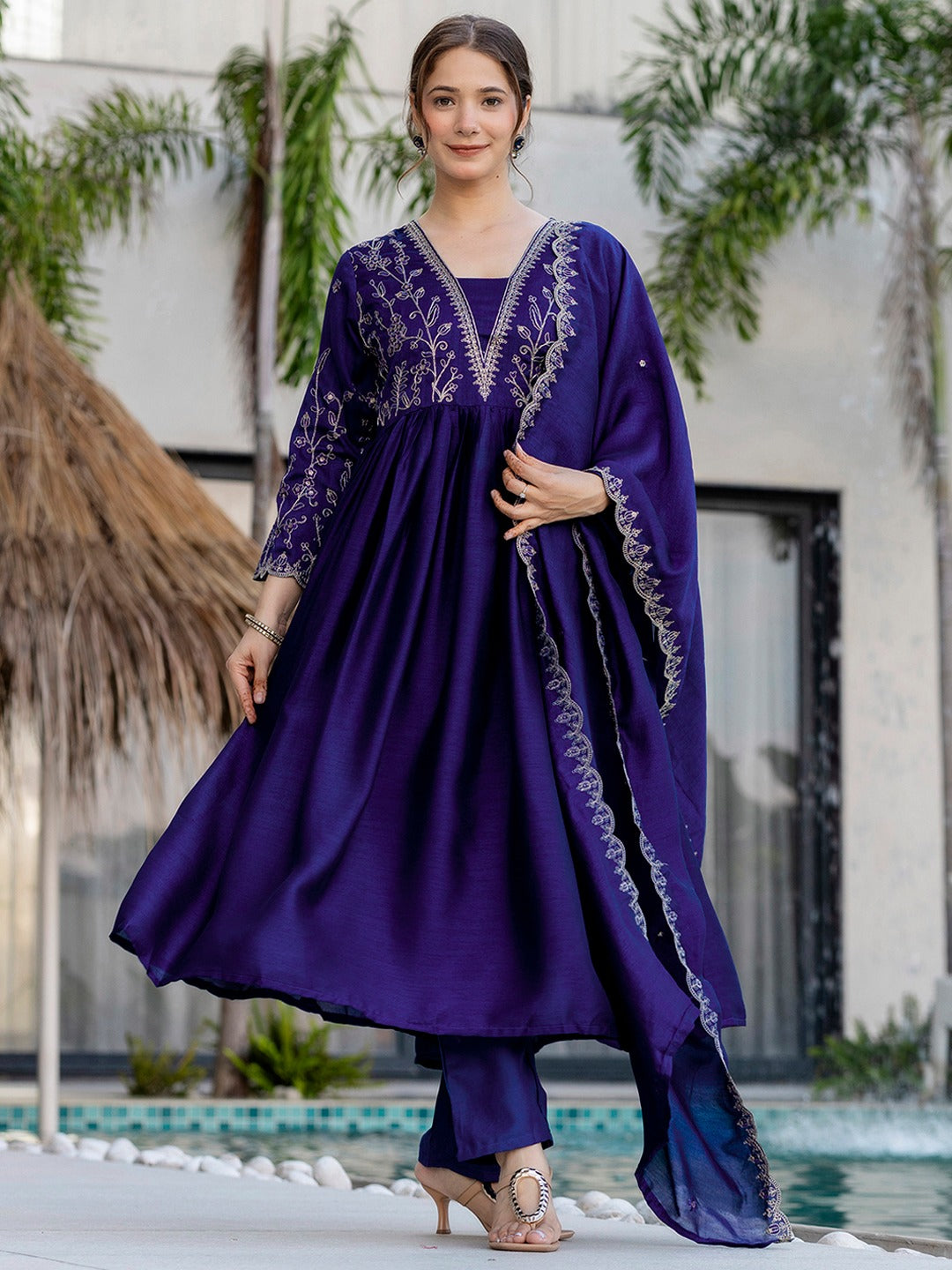 Blue Vichitra Silk Embroidered Kurti
