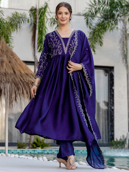 Blue Vichitra Silk Embroidered Kurti