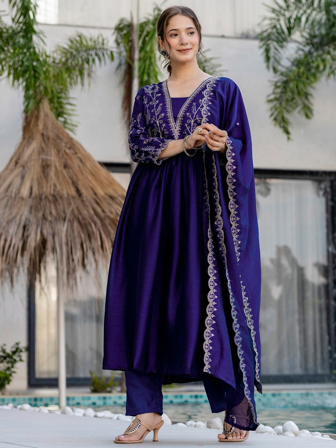 Blue Vichitra Silk Embroidered Kurti