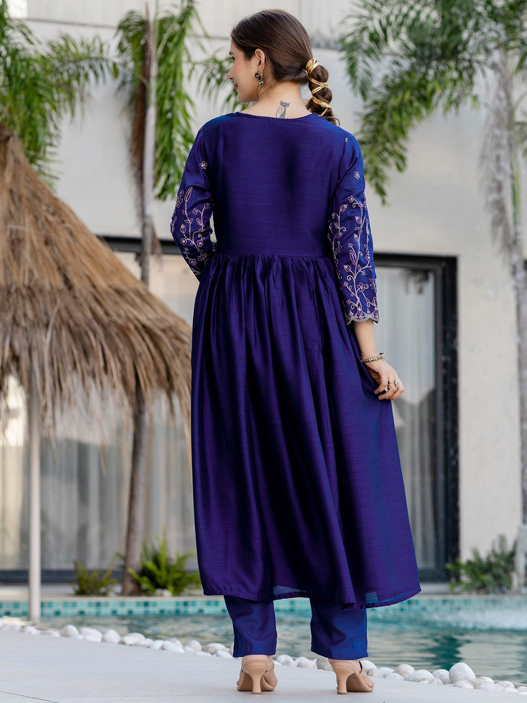 Blue Vichitra Silk Embroidered Kurti