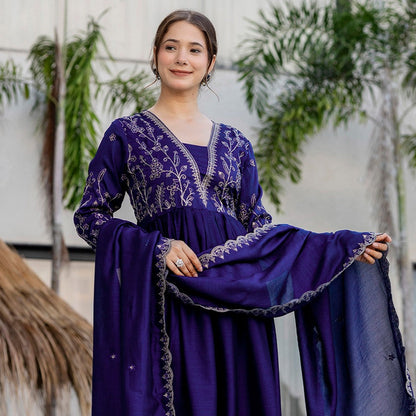 Blue Vichitra Silk Embroidered Kurti