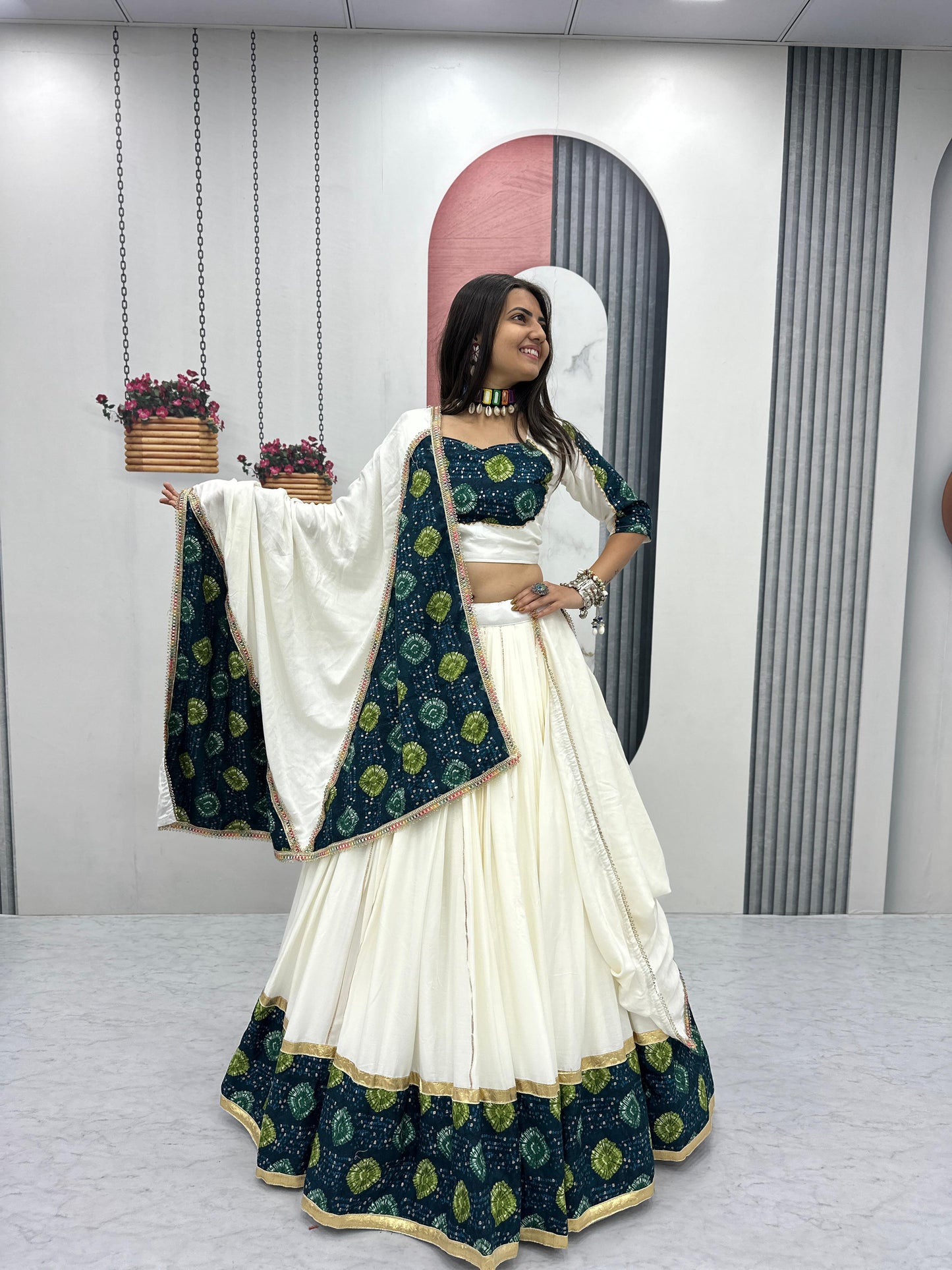 White & Green Pure Cotton Lehenga Choli