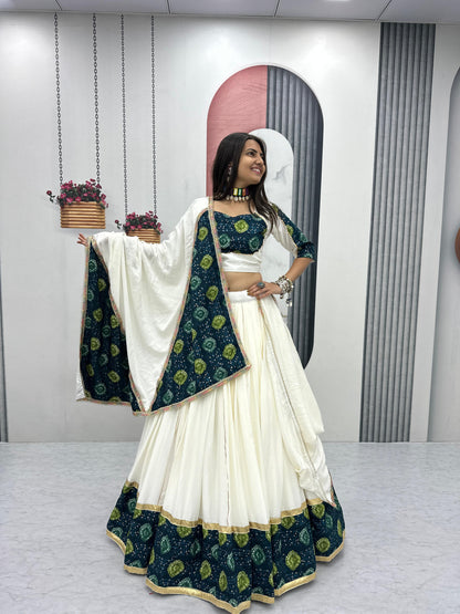 White & Green Pure Cotton Lehenga Choli