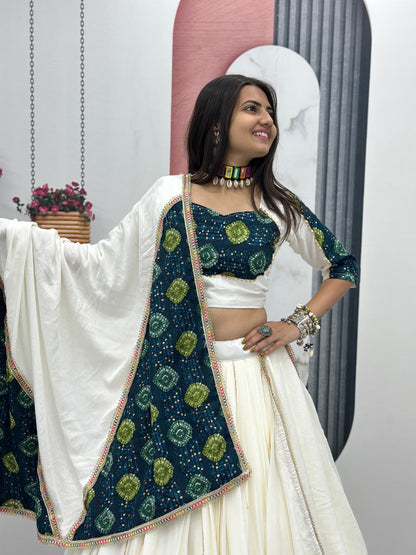 White & Green Pure Cotton Lehenga Choli