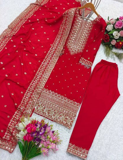 Eid Special Red Suit Set With  Embroidery Work