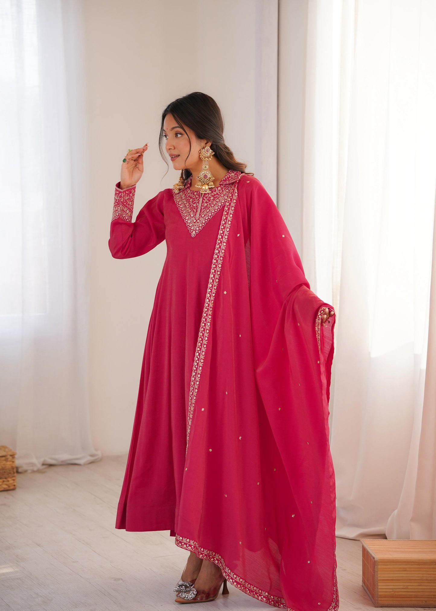 Rani Pink Fully Flair Anarkali Suit Set With Jariwork