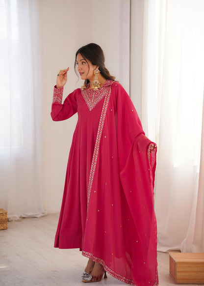 Rani Pink Fully Flair Anarkali Suit Set With Jariwork
