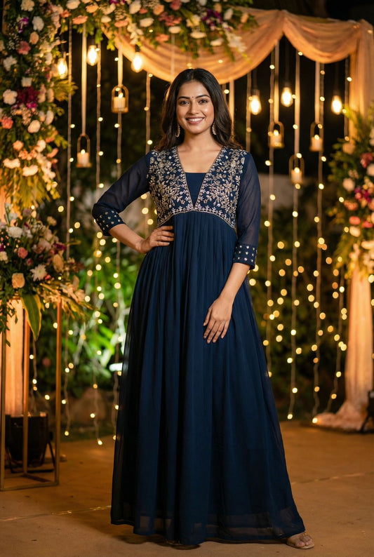 Heavy Georgette Navy Blue Embroidery Work Gown