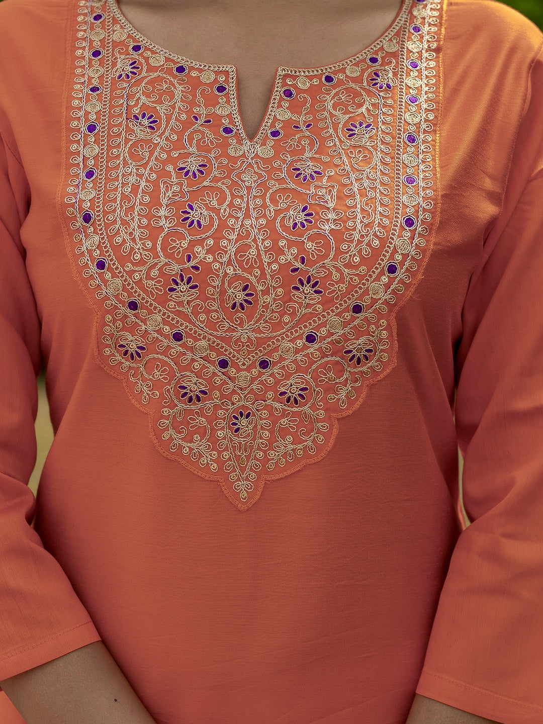 Orange Rayon Embroidered Straight Kurti