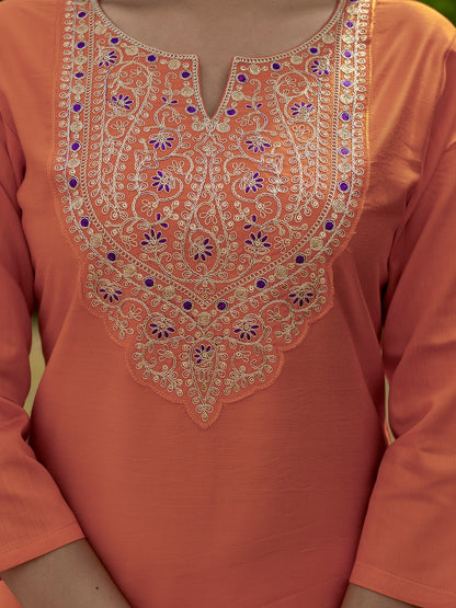 Orange Rayon Embroidered Straight Kurti