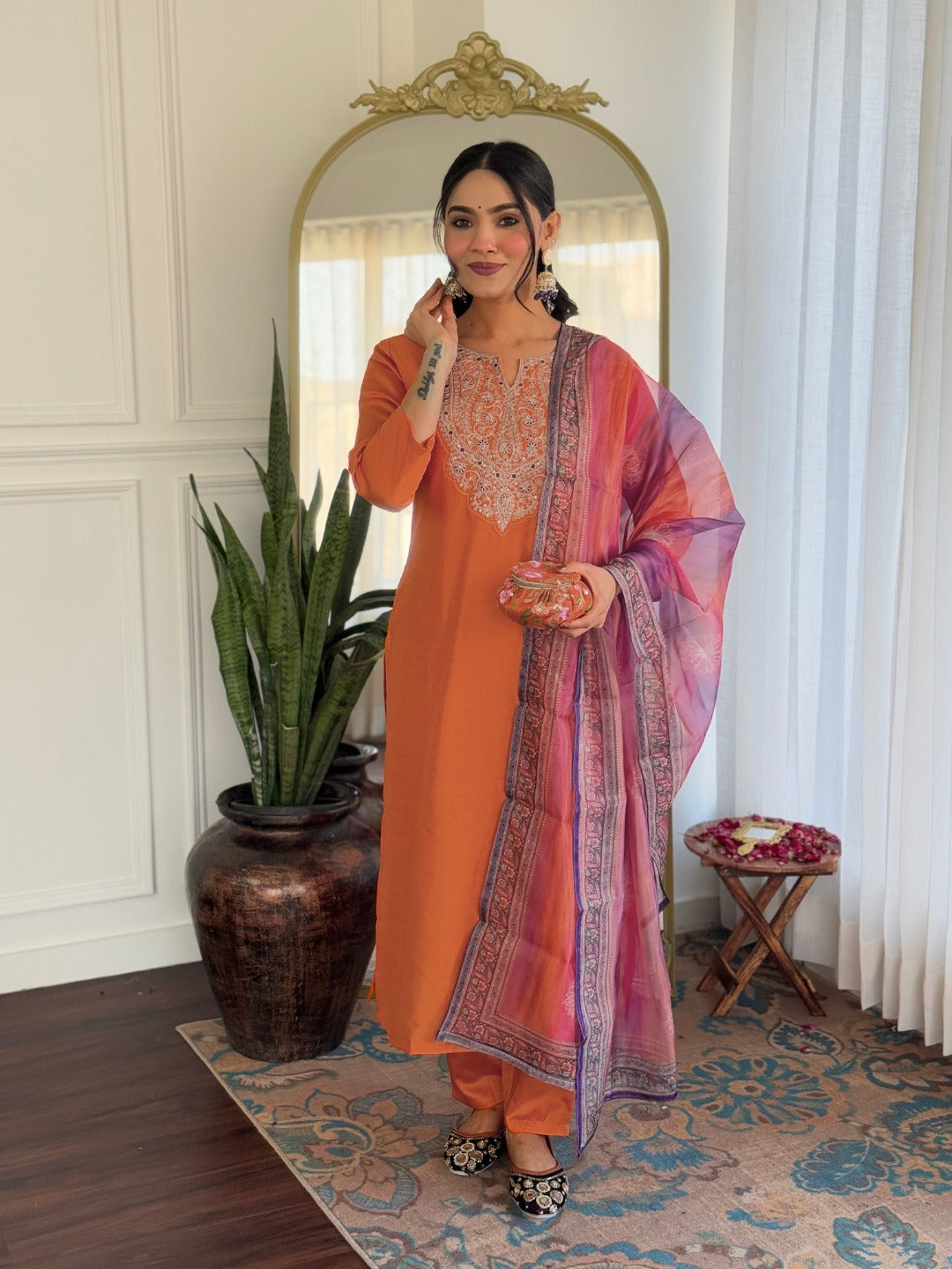 Orange Rayon Embroidered Straight Kurti