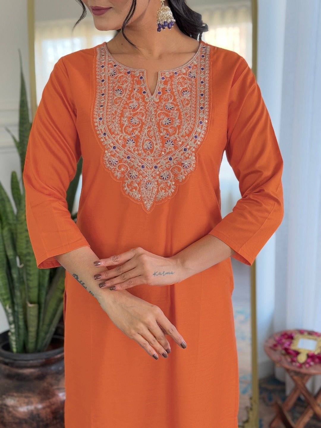 Orange Rayon Embroidered Straight Kurti