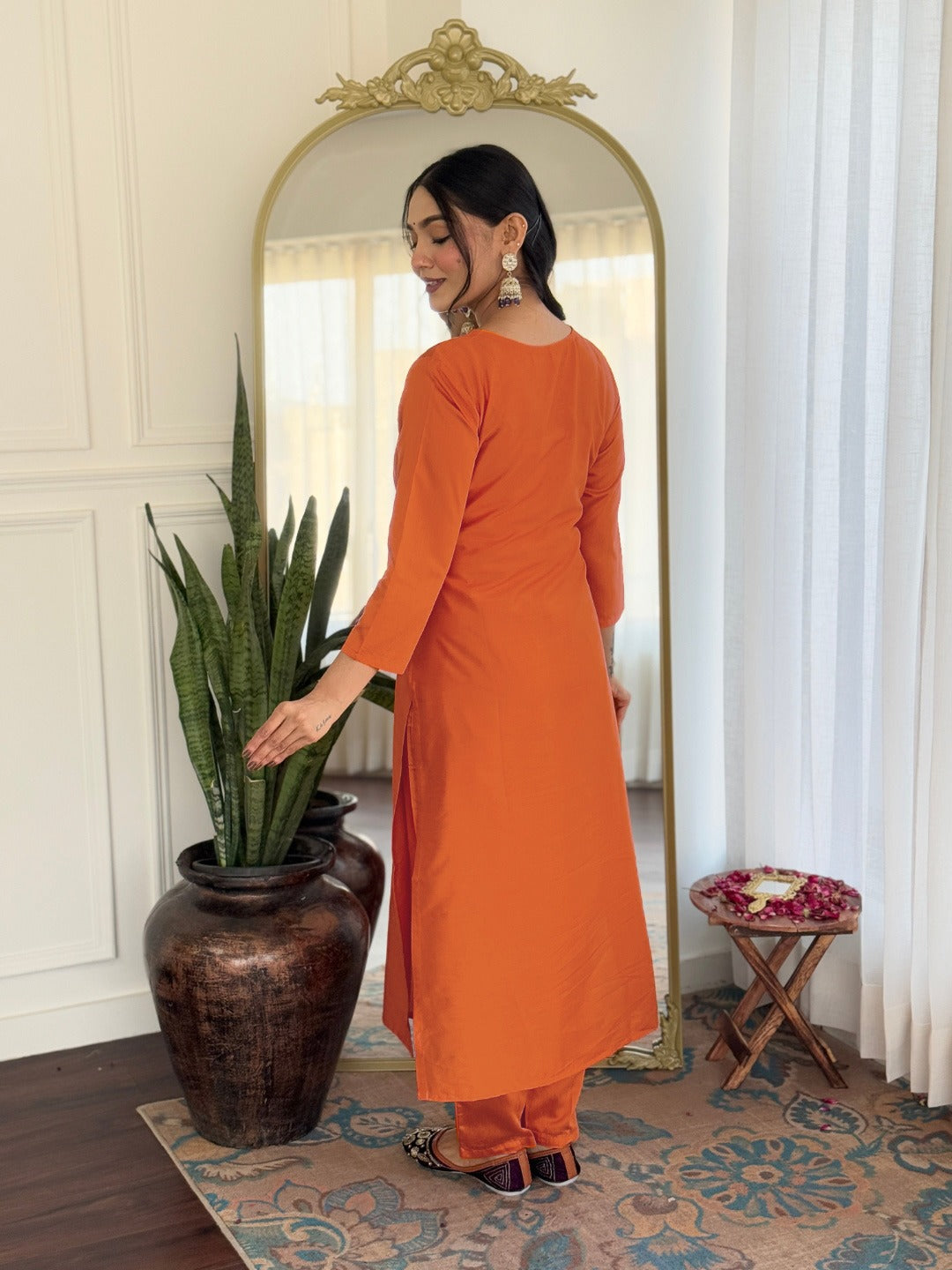 Orange Rayon Embroidered Straight Kurti