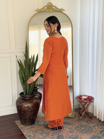 Orange Rayon Embroidered Straight Kurti