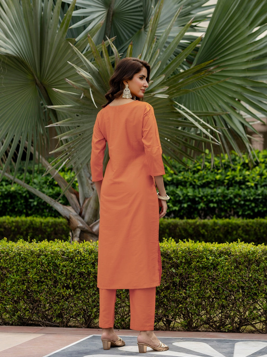 Orange Rayon Embroidered Straight Kurti