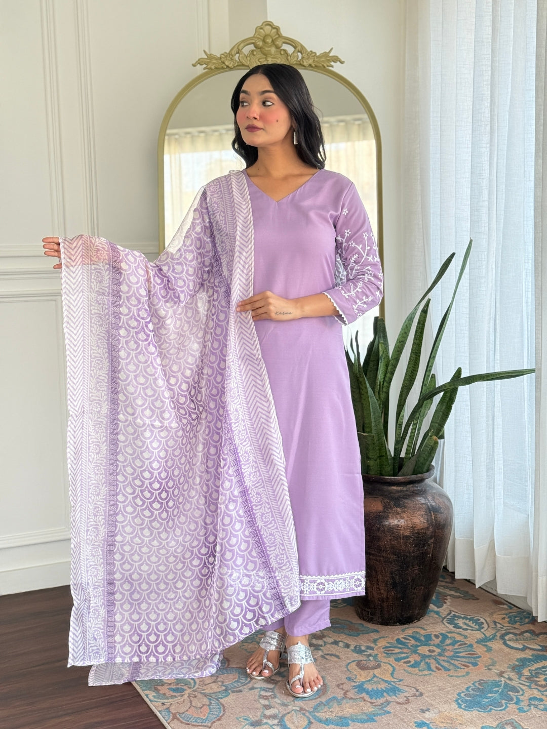 Purple Embroidered Straight Kurtii